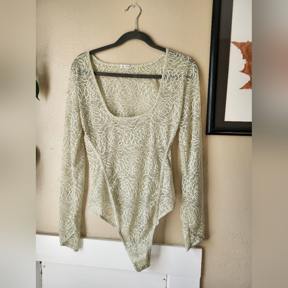 FP Intimately Lace Long Sleeve Bodysuit in Seafoam